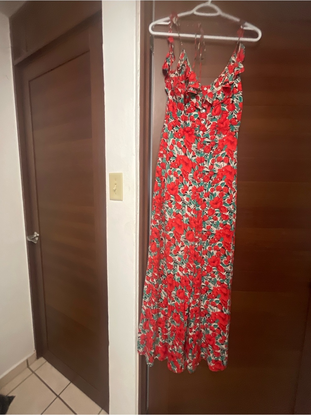 Valija Red Floral Sleeveless Wide Leg Jumpsuit with Green Leaf Detail